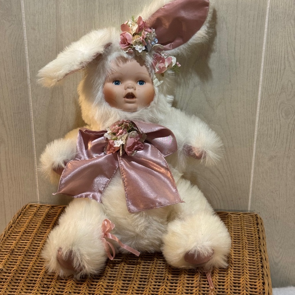 Vintage pink and White Bunny Doll with porcelain face